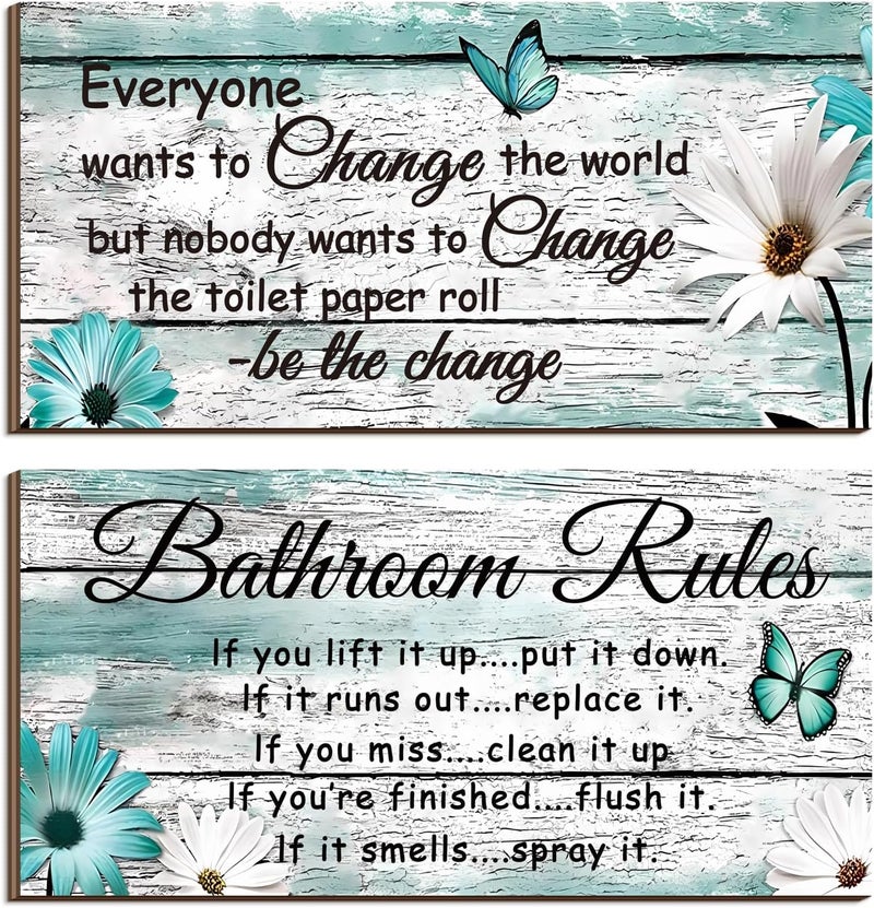 Jetec 2 قطع لافتات حمام مضحكة ديكور جدار الحمام ملحقات جدار المرحاض لافتات خشبية ريفية (نمط فراشة) - Image 1